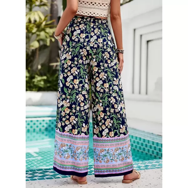 imagechouyatou Womens Floral Wide Leg Palazzo Pants Boho High Elastic Waisted Beach Flowy Pants with PocketsNavy