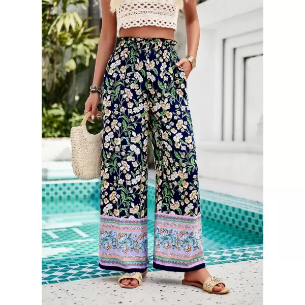 imagechouyatou Womens Floral Wide Leg Palazzo Pants Boho High Elastic Waisted Beach Flowy Pants with PocketsNavy