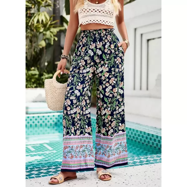 imagechouyatou Womens Floral Wide Leg Palazzo Pants Boho High Elastic Waisted Beach Flowy Pants with PocketsNavy