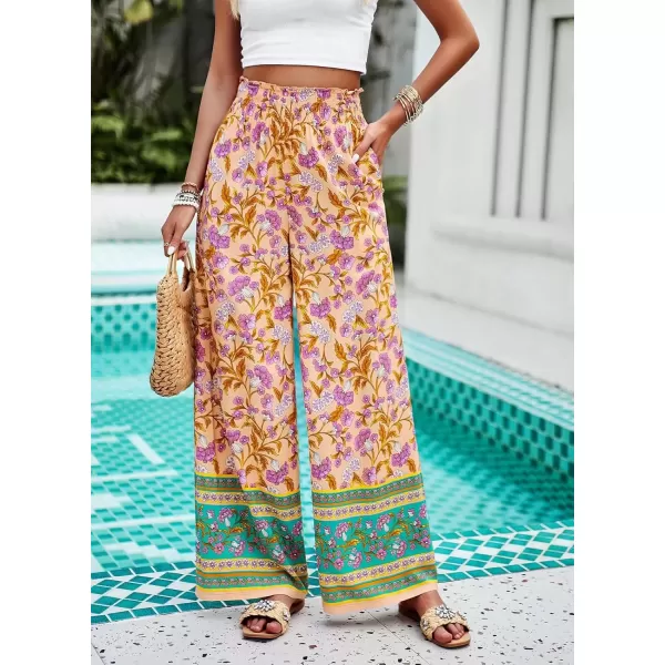 imagechouyatou Womens Floral Wide Leg Palazzo Pants Boho High Elastic Waisted Beach Flowy Pants with PocketsOrange