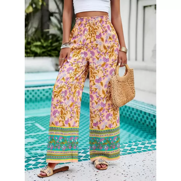 imagechouyatou Womens Floral Wide Leg Palazzo Pants Boho High Elastic Waisted Beach Flowy Pants with PocketsOrange