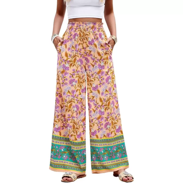 imagechouyatou Womens Floral Wide Leg Palazzo Pants Boho High Elastic Waisted Beach Flowy Pants with PocketsOrange