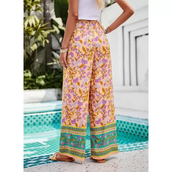 imagechouyatou Womens Floral Wide Leg Palazzo Pants Boho High Elastic Waisted Beach Flowy Pants with PocketsOrange