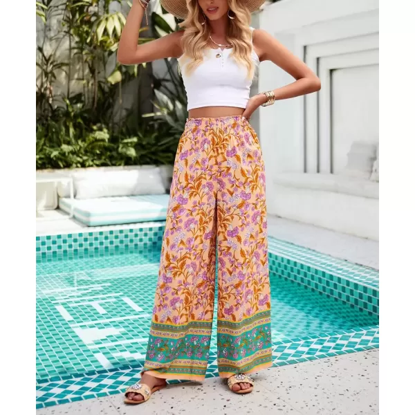 imagechouyatou Womens Floral Wide Leg Palazzo Pants Boho High Elastic Waisted Beach Flowy Pants with PocketsOrange