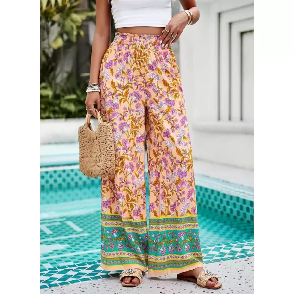 imagechouyatou Womens Floral Wide Leg Palazzo Pants Boho High Elastic Waisted Beach Flowy Pants with PocketsOrange