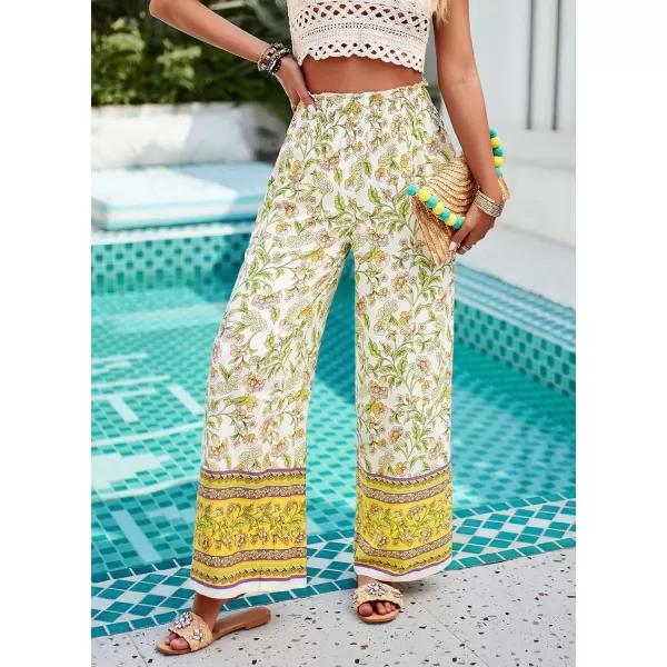 imagechouyatou Womens Floral Wide Leg Palazzo Pants Boho High Elastic Waisted Beach Flowy Pants with PocketsYellow