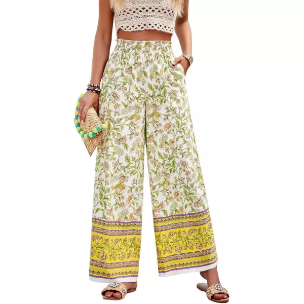 imagechouyatou Womens Floral Wide Leg Palazzo Pants Boho High Elastic Waisted Beach Flowy Pants with PocketsYellow