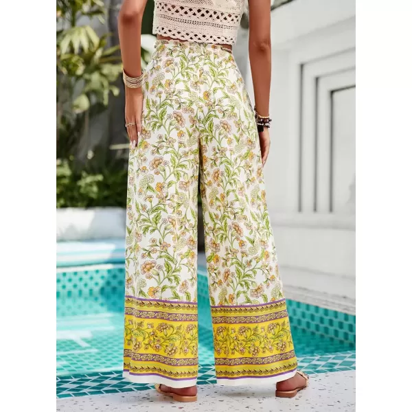 imagechouyatou Womens Floral Wide Leg Palazzo Pants Boho High Elastic Waisted Beach Flowy Pants with PocketsYellow