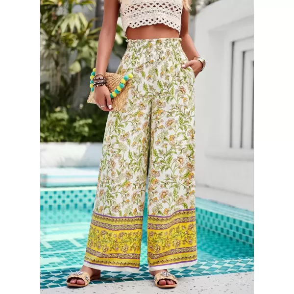imagechouyatou Womens Floral Wide Leg Palazzo Pants Boho High Elastic Waisted Beach Flowy Pants with PocketsYellow
