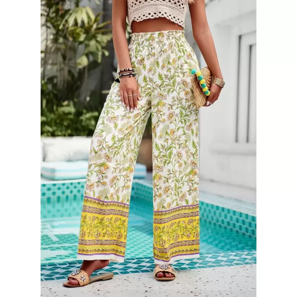 imagechouyatou Womens Floral Wide Leg Palazzo Pants Boho High Elastic Waisted Beach Flowy Pants with PocketsYellow