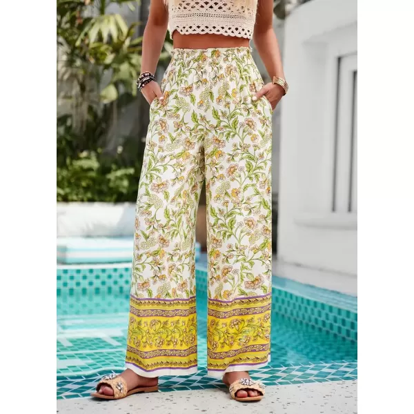 imagechouyatou Womens Floral Wide Leg Palazzo Pants Boho High Elastic Waisted Beach Flowy Pants with PocketsYellow