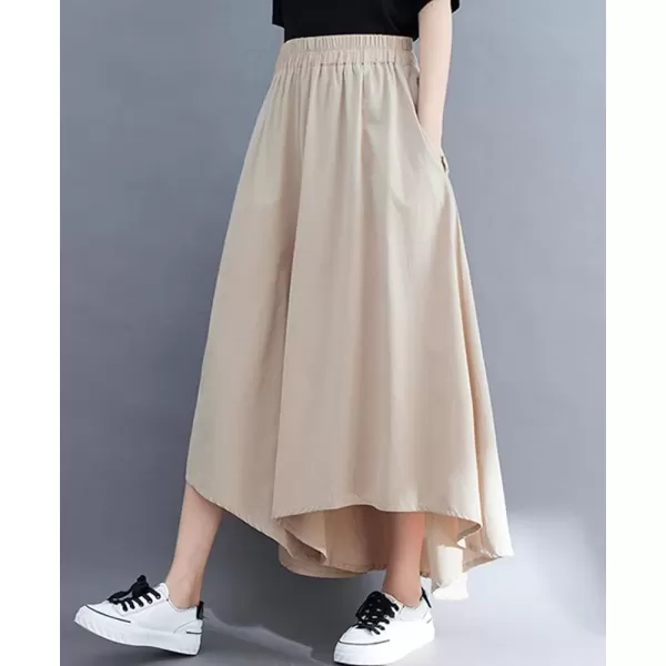 imagechouyatou Womens Flowy Baggy Wide Leg Capri Pants High Elastic Waist Irregular High Low Palazzo Pant CulottesApricot