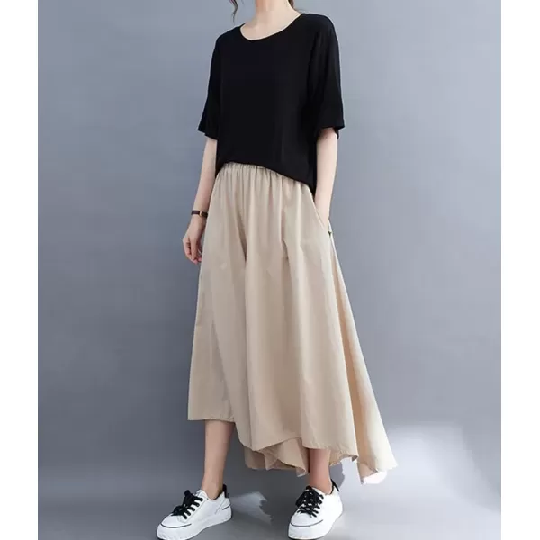 imagechouyatou Womens Flowy Baggy Wide Leg Capri Pants High Elastic Waist Irregular High Low Palazzo Pant CulottesApricot
