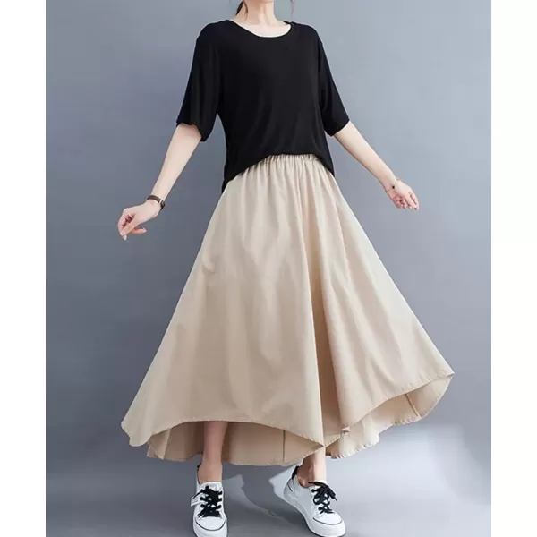 imagechouyatou Womens Flowy Baggy Wide Leg Capri Pants High Elastic Waist Irregular High Low Palazzo Pant CulottesApricot