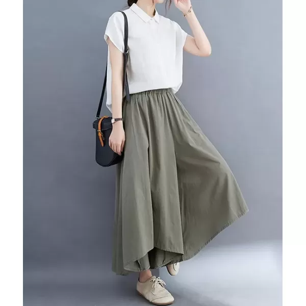 imagechouyatou Womens Flowy Baggy Wide Leg Capri Pants High Elastic Waist Irregular High Low Palazzo Pant CulottesArmy Green