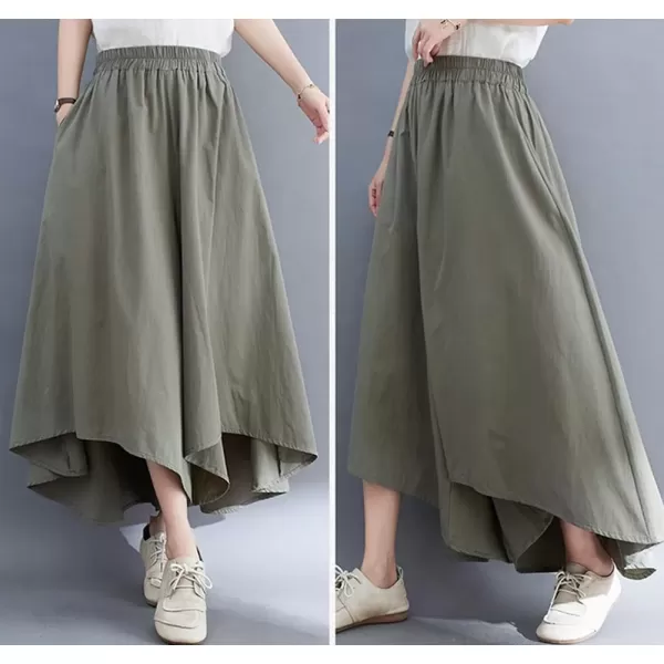 imagechouyatou Womens Flowy Baggy Wide Leg Capri Pants High Elastic Waist Irregular High Low Palazzo Pant CulottesArmy Green