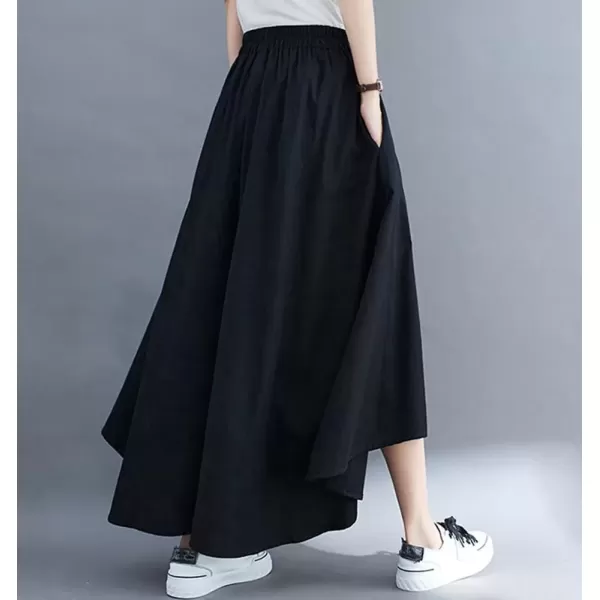 imagechouyatou Womens Flowy Baggy Wide Leg Capri Pants High Elastic Waist Irregular High Low Palazzo Pant CulottesBlack