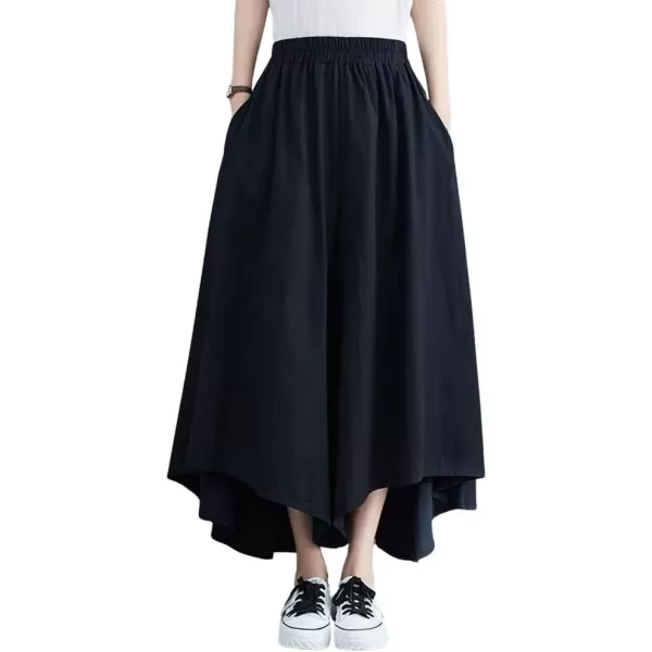 imagechouyatou Womens Flowy Baggy Wide Leg Capri Pants High Elastic Waist Irregular High Low Palazzo Pant CulottesBlack
