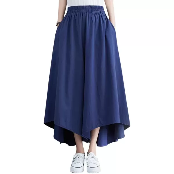 imagechouyatou Womens Flowy Baggy Wide Leg Capri Pants High Elastic Waist Irregular High Low Palazzo Pant CulottesBlue