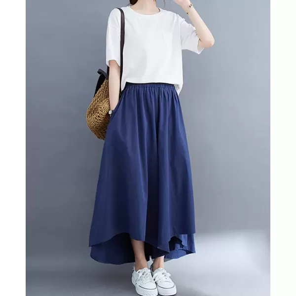 imagechouyatou Womens Flowy Baggy Wide Leg Capri Pants High Elastic Waist Irregular High Low Palazzo Pant CulottesBlue