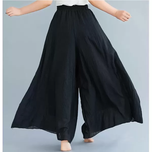 imagechouyatou Womens Flowy Elastic High Waisted Wide Leg Pants Casual Palazzo Linen Pants CulottesBlack