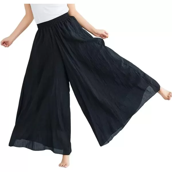 imagechouyatou Womens Flowy Elastic High Waisted Wide Leg Pants Casual Palazzo Linen Pants CulottesBlack