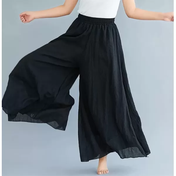 imagechouyatou Womens Flowy Elastic High Waisted Wide Leg Pants Casual Palazzo Linen Pants CulottesBlack