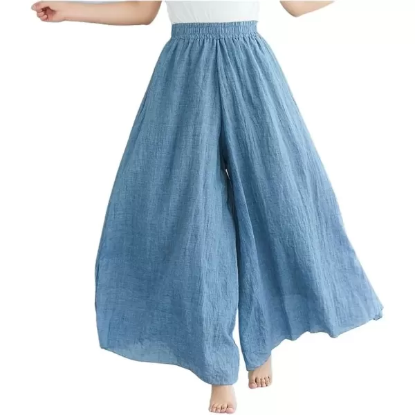 imagechouyatou Womens Flowy Elastic High Waisted Wide Leg Pants Casual Palazzo Linen Pants CulottesBlue