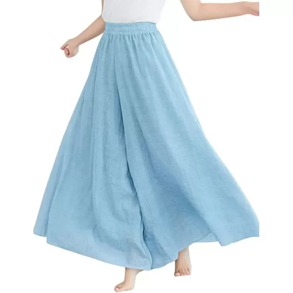 imagechouyatou Womens Flowy Elastic High Waisted Wide Leg Pants Casual Palazzo Linen Pants CulottesLight Blue