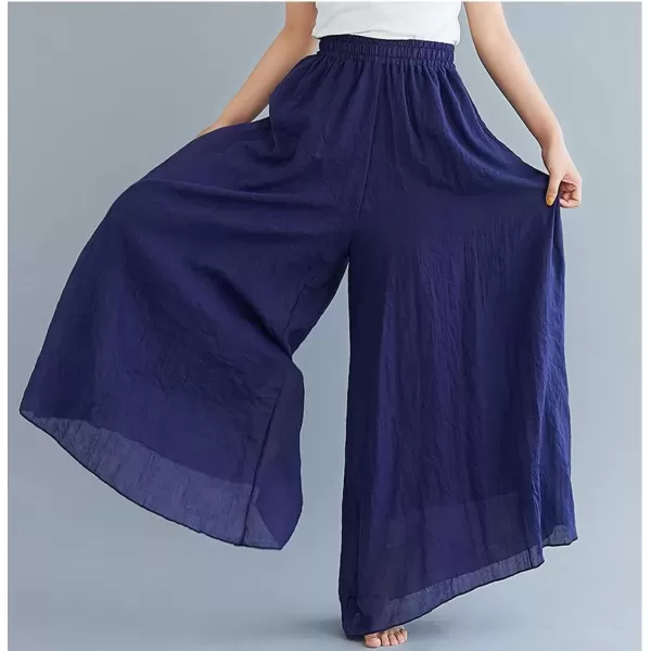 imagechouyatou Womens Flowy Elastic High Waisted Wide Leg Pants Casual Palazzo Linen Pants CulottesNavy Blue