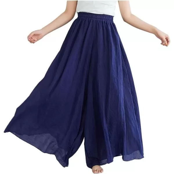 imagechouyatou Womens Flowy Elastic High Waisted Wide Leg Pants Casual Palazzo Linen Pants CulottesNavy Blue