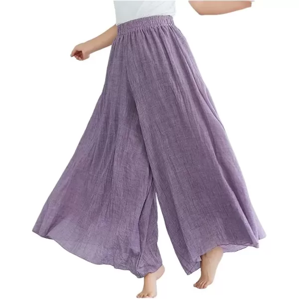 imagechouyatou Womens Flowy Elastic High Waisted Wide Leg Pants Casual Palazzo Linen Pants CulottesPurple