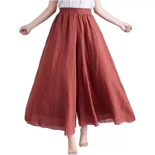 imagechouyatou Womens Flowy Elastic High Waisted Wide Leg Pants Casual Palazzo Linen Pants CulottesRust Red