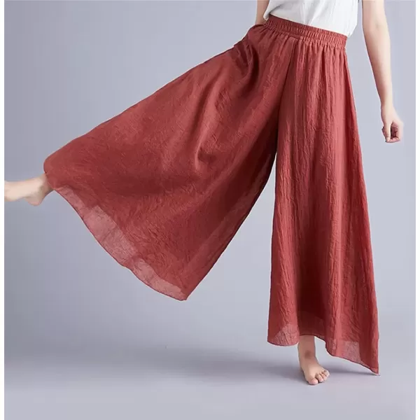 imagechouyatou Womens Flowy Elastic High Waisted Wide Leg Pants Casual Palazzo Linen Pants CulottesRust Red