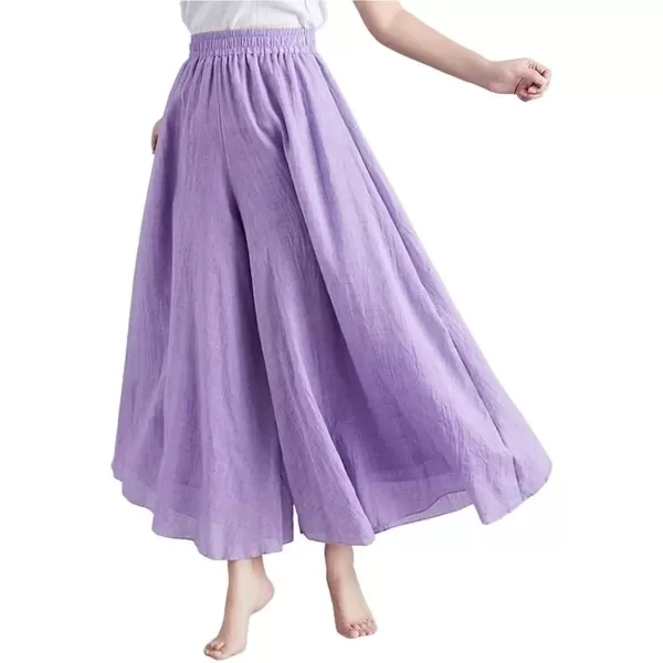 imagechouyatou Womens Flowy Elastic High Waisted Wide Leg Pants Casual Palazzo Linen Pants CulottesViolet