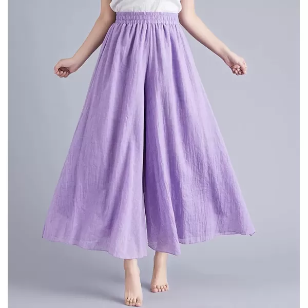 imagechouyatou Womens Flowy Elastic High Waisted Wide Leg Pants Casual Palazzo Linen Pants CulottesViolet