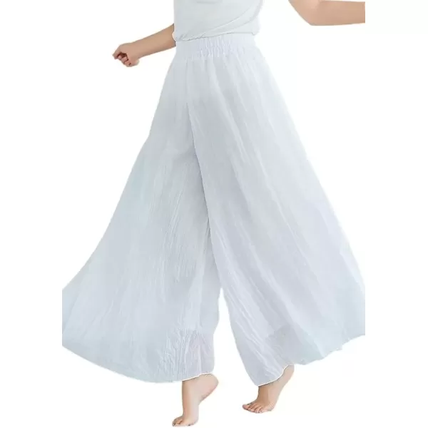 imagechouyatou Womens Flowy Elastic High Waisted Wide Leg Pants Casual Palazzo Linen Pants CulottesWhite
