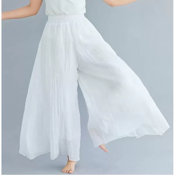 imagechouyatou Womens Flowy Elastic High Waisted Wide Leg Pants Casual Palazzo Linen Pants CulottesWhite