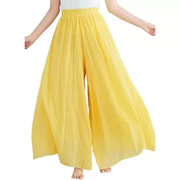 imagechouyatou Womens Flowy Elastic High Waisted Wide Leg Pants Casual Palazzo Linen Pants CulottesYellow