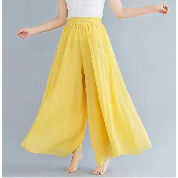 imagechouyatou Womens Flowy Elastic High Waisted Wide Leg Pants Casual Palazzo Linen Pants CulottesYellow
