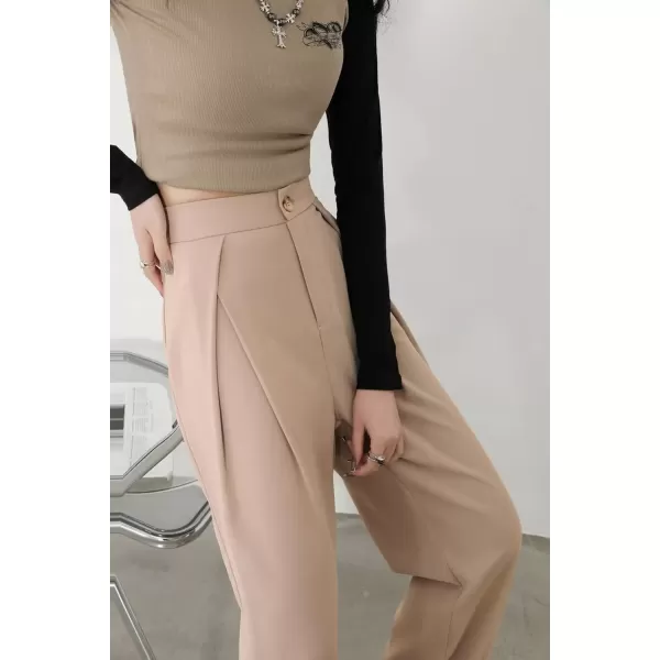imagechouyatou Womens High Waisted Dress Pants Business Casual Work Pants Palazzo Wide Leg TrousersKhaki
