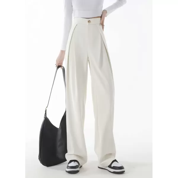 imagechouyatou Womens High Waisted Dress Pants Business Casual Work Pants Palazzo Wide Leg TrousersOffwhite