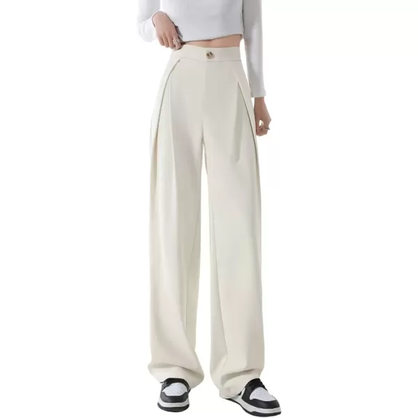 imagechouyatou Womens High Waisted Dress Pants Business Casual Work Pants Palazzo Wide Leg TrousersOffwhite