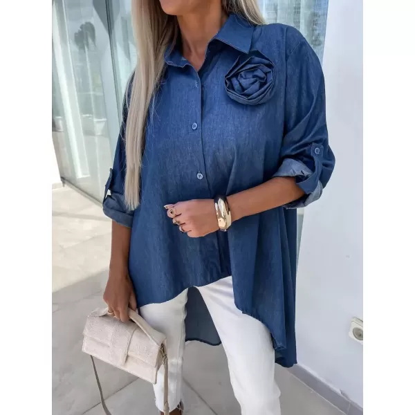 imagechouyatou Womens Long Sleeve Button Down Denim Shirts High Low Button Up Jean Blouse Tunic TopsDark Blue