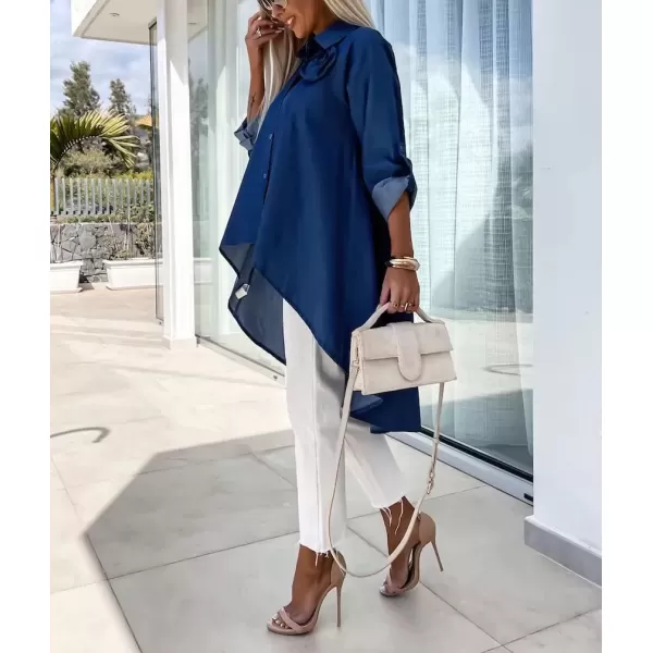 imagechouyatou Womens Long Sleeve Button Down Denim Shirts High Low Button Up Jean Blouse Tunic TopsDark Blue