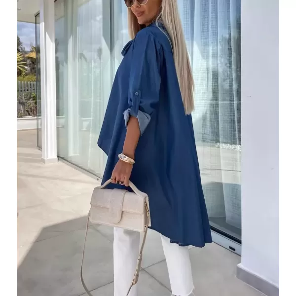imagechouyatou Womens Long Sleeve Button Down Denim Shirts High Low Button Up Jean Blouse Tunic TopsDark Blue