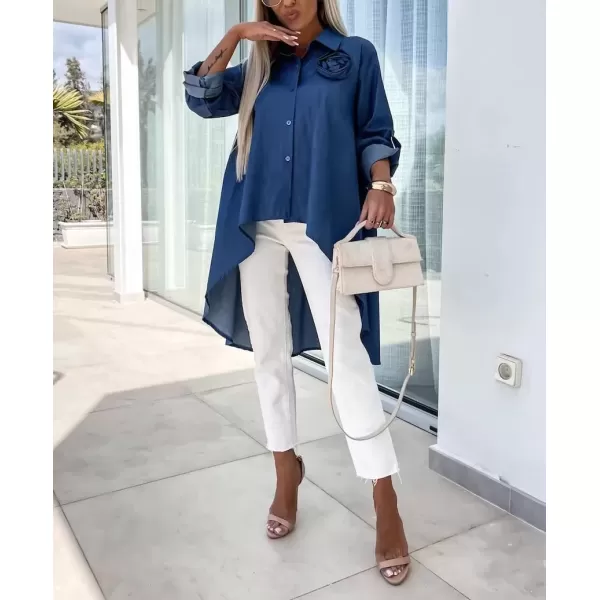 imagechouyatou Womens Long Sleeve Button Down Denim Shirts High Low Button Up Jean Blouse Tunic TopsDark Blue
