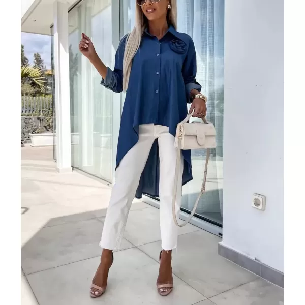 imagechouyatou Womens Long Sleeve Button Down Denim Shirts High Low Button Up Jean Blouse Tunic TopsDark Blue
