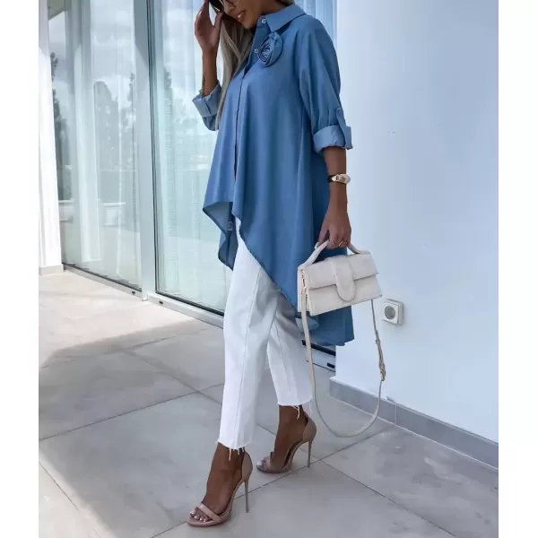 imagechouyatou Womens Long Sleeve Button Down Denim Shirts High Low Button Up Jean Blouse Tunic TopsLight Blue