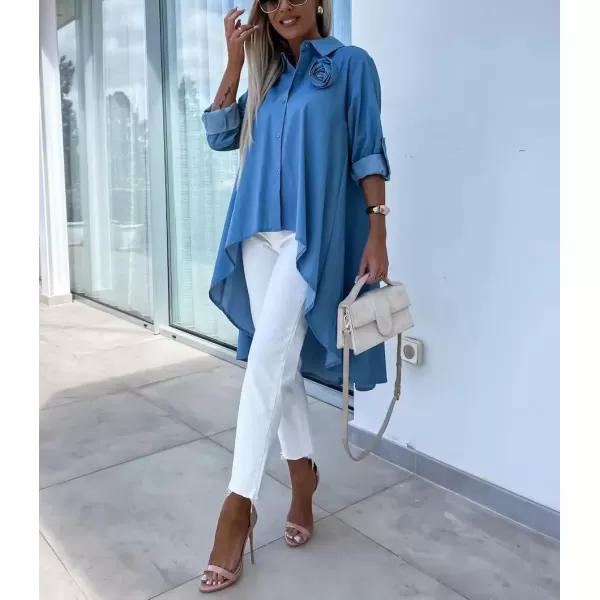 imagechouyatou Womens Long Sleeve Button Down Denim Shirts High Low Button Up Jean Blouse Tunic TopsLight Blue